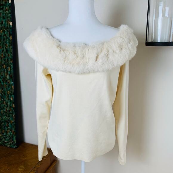 Vintage Size XL Off Shoulder Knit Sweater Rabbit Faux Fur Ivory Off White Cream - Picture 3 of 7